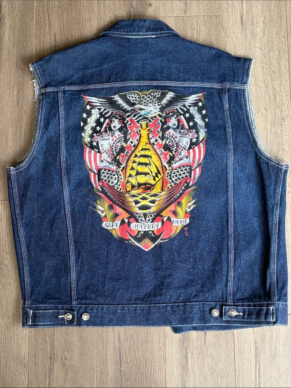Black Market Art Company Dark Blue Denim Men's Vest with Nautical Back Graphic